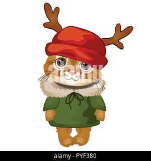 Cartoon cute kitten in einem Red Hat mit Geweih auf weißem Hintergrund. Beispiel für das Plakat, Einladung und anderen Karten. Vector Illustration. Stock Vektor