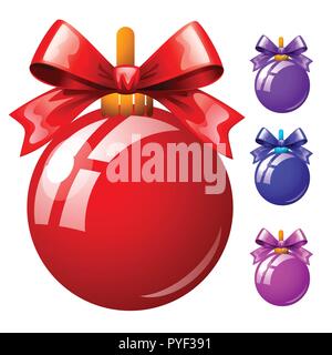 Eingestellt von bunten Weihnachtskugeln mit bowknots auf weißem Hintergrund. Bunte festlichen Flitter. Vorlage für das Plakat, Einladung und anderen Karten. Vector Illustration. Stock Vektor