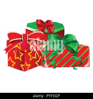 Satz von geschenkboxen mit einer grünen und einer roten Schleife mit bowknot mit gewickeltem Papier, rote Farbe mit einem gestreifte Textur und das Muster der Sterne auf einem weißen Hintergrund. Vector Illustration. Stock Vektor