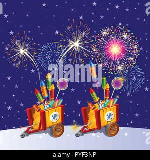 Schöne bunte Urlaub Feuerwerk am Abendhimmel. Die Attribute des neuen Jahres. Vektor cartoon Close-up Abbildung. Stock Vektor
