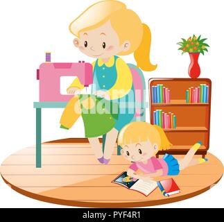 Mutter nähen und Kid lesen im Zimmer Abbildung Stock Vektor