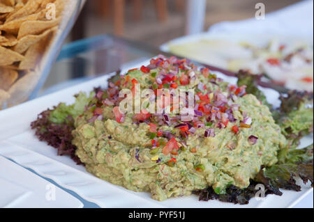 Frisch zubereitete Guacamole dip auf einem weißen Teller vorbereitet für ein Buffet Bar, oder Self-Service-Restaurant, Vegetarisches dip für einfaches Buffet Naschen Stockfoto