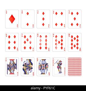 Vollständiger Satz von Diamanten suit Spielkarten mit Joker auf Weiß Stock Vektor