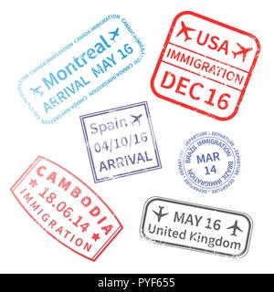 International Travel Visa Stempel auf Weiß. Reisepass Stempel Abdrücke Stock Vektor