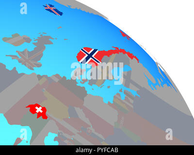 EFTA-Länder mit nationalen Flaggen auf einfache blaue politische Welt. 3D-Darstellung. Stockfoto