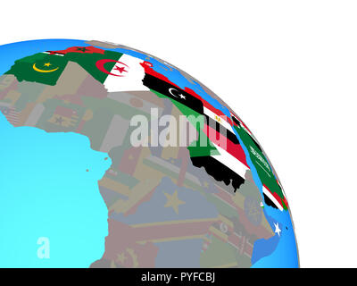 Arabische Liga mit nationalen Flaggen auf einfache blaue politische Welt. 3D-Darstellung. Stockfoto