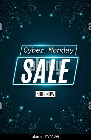 Cyber Monday Flyer. Super Sale. Hi-tech leuchtende blaue Platine. Web neon Banner. Modernes Design. Vector Illustration Stock Vektor