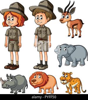 Parkrangers und viele wilde Tiere Abbildung Stock Vektor