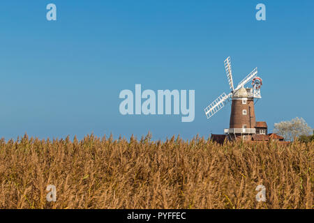 Blick auf die Mühle und Schilf an cley-next-the-Sea, Norfolk, England, Großbritannien Stockfoto