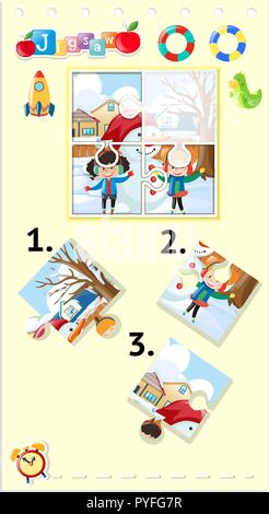 Puzzle Spiel mit Kindern im Winter Abbildung Stock Vektor