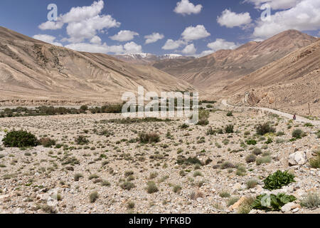 Alleinreisende weibliche Radfahrer auf entfernten Feldweg neben Pamir Fluss zwischen Langar und Alichur, Pamir, Gorno Badakhshan, Tadschikistan Stockfoto