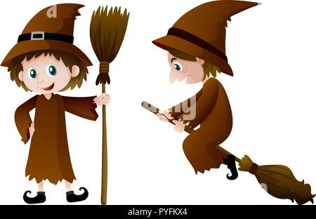 Zwei Hexen mit Magic Besen Abbildung Stock Vektor