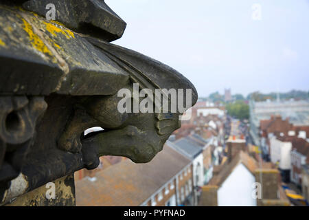 Wasserspeier mit Blick auf die Dächer der Stadt. Blick nach Norden bis St. Peter Straße vom Clock Tower, St. Albans, Hertfordshire, England Stockfoto