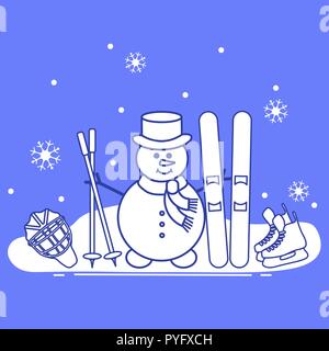 Winter im Freien genießen können. Schneemann mit Ski- und Hockey Ausrüstung. Vektor cartoon Skifahrer Symbol. Design für Werbung von aktiven Lebensstil. Stock Vektor