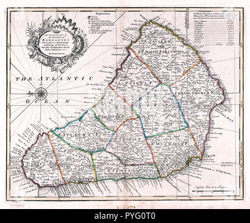 Vintage Karten/Antique Maps - eine genaue Karte der Insel Barbadoes. Aus einer Umfrage, die mit allen für die Städte, Kirchen, Festungen, Straßen, Wege, Pflanzungen Stockfoto