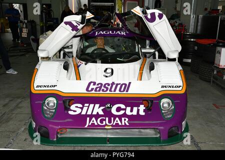 Ola-Stromkreis, Italien. 26. Okt 2018. Imola Classic vom 26. Oktober 2018: Jaguar Le Mans Prototyp XJR 11 Jahr 1989 Silk Cut Lackierung, von Yvan VERCOUTERE und Alex Müller in der Koppel in Imola gefahren in Italien. Credit: Dan74/Alamy leben Nachrichten Stockfoto