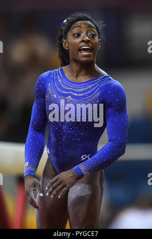 Doha, Katar. 27 Okt, 2018. SIMONE BILES in Aktion während des ersten Tages der erste Wettbewerb auf dem Aspire Dome in Doha, Katar. Credit: Amy Sanderson/ZUMA Draht/Alamy leben Nachrichten Stockfoto