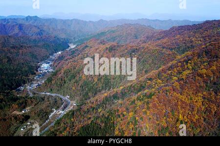 Ningshan. 27 Okt, 2018. Luftbild am Okt. 27, 2018 zeigt die Herbst Landschaft des Qinling Mountains im Nordwesten der chinesischen Provinz Shaanxi. Credit: Liu Xiao/Xinhua/Alamy leben Nachrichten Stockfoto