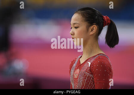 Doha, Katar. 28 Okt, 2018. ZHANG JIN konzentriert sich während des zweiten Tages der einleitenden Konkurrenz auf dem Aspire Dome in Doha, Katar. Credit: Amy Sanderson/ZUMA Draht/Alamy leben Nachrichten Stockfoto