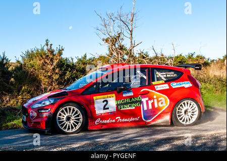 Ballydehob, West Cork, Irland. 28. Okt 2018. Mit dem Mond noch sichtbar, Rallye Fahrer Daniel Cronin und sein Navigator Shane Buckley fliegen entlang der Straße in einer Phase des Fastnet Rallye 2018 von Skibbereen Auto Club organisiert. Credit: Andy Gibson/Alamy Leben Nachrichten. Stockfoto