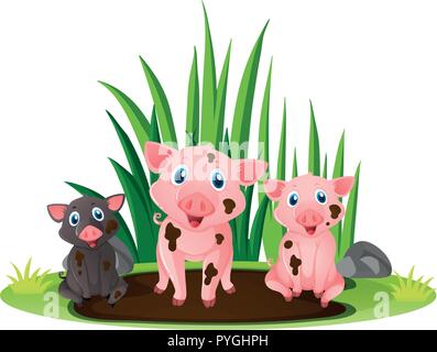 Drei kleine Schweine spielen in schlammigen Pfütze Abbildung Stock Vektor