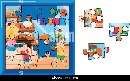 Puzzle Spiel mit spielenden Kinder im Zimmer Abbildung Stock Vektor