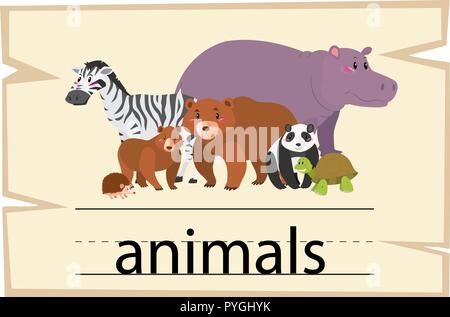 Wordcard Design für Wort Tiere Abbildung Stock Vektor