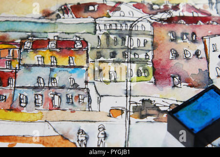 Aquarell Abbildung: Stadt Stadt Stadtbild Architektur Stockfoto