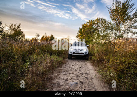 Mitsubishi Pajero Sport und Bäume im Herbst an einem sonnigen Tag. Chabarowsk, Russland. Oktober 12, 2018 Stockfoto