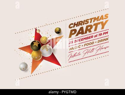 Vektor Weihnachtsfeier poster Design Template mit 3d-weiß, schwarz und gold Weihnachtskugeln. Elemente werden separat in Vektordatei geschichtet. Stock Vektor