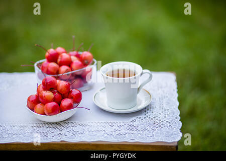 Kräuter Tee mit Zitrone und Paradise Äpfel. Ansicht von oben auf eine weiße Holztisch. Grüne und gelbe Blätter, rote Äpfel. Tee im Garten. Stockfoto