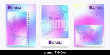 Vektor design Vorlage in trendigen lebendigen Farbverläufe mit abstrakten fließenden Formen. Futuristische wissenschaftliche Poster, Banner, Broschüren, Flyer und Cover Design mit Molekül, Linien und Punkte Stock Vektor