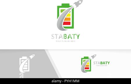 Vektor Batterie und Rakete logo Kombination. Energie und Flugzeug Symbol oder Icon. Einzigartige Druckspeicher und Flug Logo Design Template. Stock Vektor
