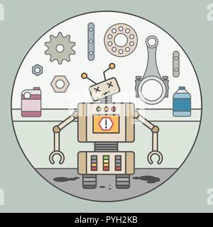 Ein Vektor Illustration der gebrochenen Roboter zeigt Fehler. Starb Roboter in der Nähe der Teile für die Reparatur store Stock Vektor