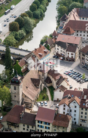 Luftaufnahme der Saint-Hippolyte sur le Doubs, Frankreich, Europa. Stockfoto