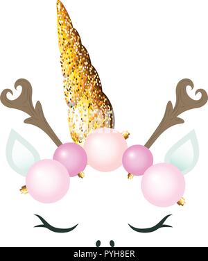 Süße Einhorn mit Weihnachten Dekoration - rosa Kugeln glitzer Horn und Branchen wie Rentier horn Stock Vektor
