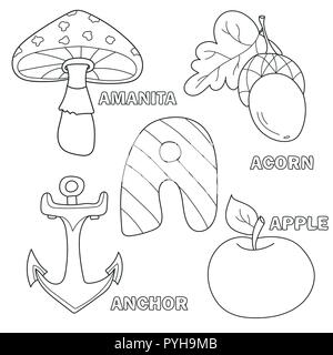 Apple, Anker, amanita, Acorn Buchstaben A im Kinder Alphabet Stock Vektor
