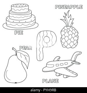 Kinder alphabet Malbuch Seite mit Umrissen Clip Arts. Buchstabe P Stock Vektor