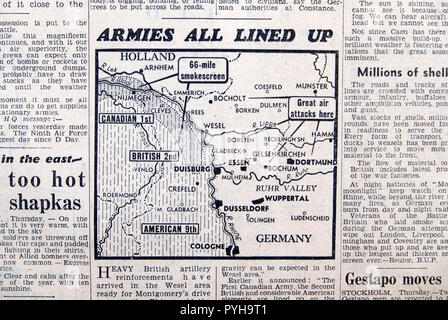 "Armeen Alle Aufgereiht" WWII Karte von Rhein in Deutschland und Holland in einem Daily Express Zeitung Zweiten Weltkrieg Artikel am 23. März 1945 London England Großbritannien Stockfoto