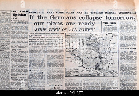 Daily Express Karte der polnischen Zeitung "Wenn die Deutschen morgen zusammenbrechen, sind unsere Pläne bereit" 28. Februar 1945 London England Großbritannien Stockfoto