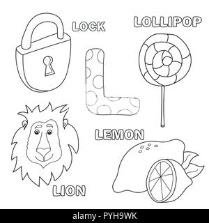 Buchstaben mit Alphabet Buchstaben L. Bilder des Schreibens - Malbuch Stock Vektor