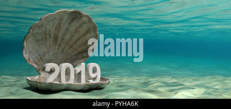 2019 Neues Jahr in einer Austernschale Unterwasser, auf dem Meeresboden, kopieren. 3D-Darstellung Stockfoto