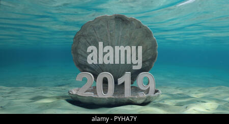 2019 Neues Jahr in einer Austernschale Unterwasser, auf dem Meeresgrund. 3D-Darstellung Stockfoto