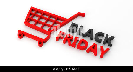 Schwarzer Freitag und ein rotes Warenkorb auf weißem Hintergrund. 3D-Darstellung Stockfoto