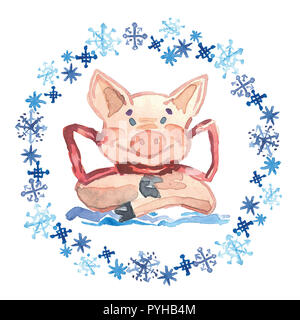 Aquarell Winter Grußkarte mit niedlichen Schwein mit Schleife. 2019 Chinesisches neues Jahr des Schweins. Aquarell Abbildung. Stockfoto