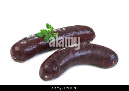 Französische typische Blutwurst mit Zwiebeln oder Boudin noir, auf weißem Hintergrund Stockfoto