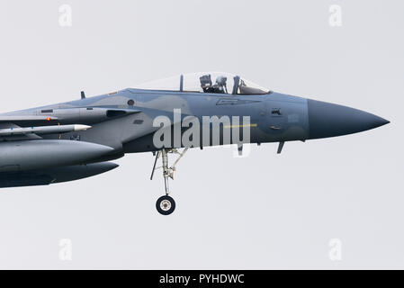 Eine McDonnell Douglas F-15E Strike Eagle Kampfjet der United States Air Force auf der Airbase in Leeuwarden in den Niederlanden. Stockfoto