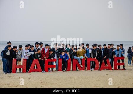 Haeundae Beach, einem Sandstrand beliebt bei Touristen bei Busan in Südkorea Stockfoto