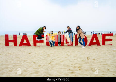 Haeundae Beach, einem Sandstrand beliebt bei Touristen bei Busan in Südkorea Stockfoto