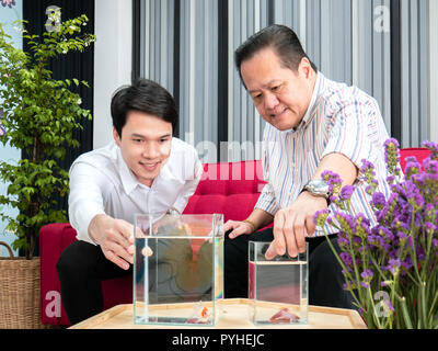 Asiatischer Mann, Vater und Sohn, sprechen über betta Fisch im Wohnzimmer. Stockfoto